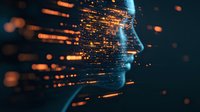 Digital profile silhouette with glowing orange particles streaming through it against dark background, representing artificial intelligence and data analysis.