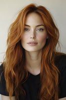 Young woman with flowing copper red hair and natural makeup wearing black top, looking directly at camera with confident expression. Studio portrait.