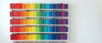 Colorful rainbow spectrum of books arranged in perfect gradient rows on white bookshelf creating vibrant library display for education and learning concepts.
