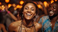 Young African American woman laughing joyfully at night party with warm bokeh lights and friends celebrating in background for social events.