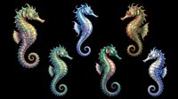 Colorful ornate seahorse clipart set, isolated on transparent background, ready for stickers, t-shirt design, print on demand, and sublimation projects.