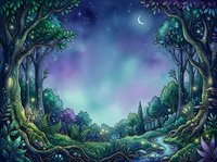 Enchanted forest landscape with glowing trees, moonlit sky, and magical atmosphere, perfect for fantasy book covers, children's illustrations, and mystical themed designs.