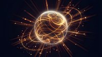 Golden glowing sphere with intricate wireframe patterns and radiating light beams on dark background for technology and energy concepts.