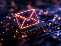 Glowing envelope icon floating over keyboard with sparkles and bokeh lights, digital communication concept on dark background with circuit patterns.