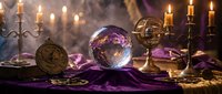 Mystical fortune telling setup with crystal ball, tarot cards, candles and purple velvet cloth for divination and spiritual guidance sessions.