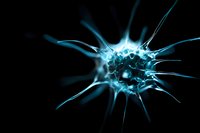 Glowing blue virus cell with spiky surface and detailed molecular structure on black background, scientific visualization for medical and healthcare concepts.