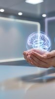 Hands holding glowing holographic brain in modern medical office representing artificial intelligence, neuroscience research and healthcare innovation.