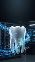 Futuristic digital tooth with glowing blue data streams and molecular structures in high-tech laboratory environment for dental technology concepts.