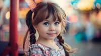 Young blonde girl with pigtails smiling at camera in colorful amusement park setting with bokeh lights creating magical childhood atmosphere for family content.