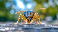 Extreme close up macro photography of wasp face with detailed compound eyes and antennae against blurred natural background showing intricate insect features.