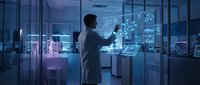 Male scientist in white lab coat working with holographic digital interface in modern laboratory with blue lighting and glass partitions for medical research.
