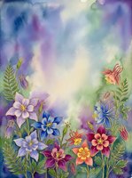 Watercolor columbine flowers in purple, blue, pink and red bloom against a soft dreamy pastel background with copy space.