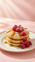 Stack of fluffy pancakes topped with fresh raspberries and maple syrup on elegant plate with powdered sugar dusting against soft pink background.