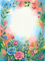 Watercolor floral frame with vibrant pink, blue, and yellow flowers and green foliage on white background, isolated for greeting cards and design projects.