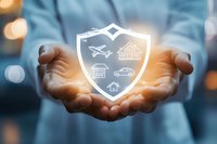 Glowing protective shield with insurance icons floating above cupped hands against blurred background, representing comprehensive coverage and security.