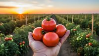 Fresh ripe red tomatoes held in farmer's hand at sunset in agricultural field. Organic vegetable harvest concept for healthy eating and farm produce.