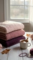 Stack of cozy knit sweaters in neutral and mauve tones arranged on white wooden table with warm beverage and autumn leaves by window for fall lifestyle and home decor.