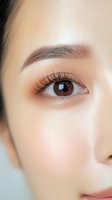 Close-up of Asian female eye with long eyelashes, defined eyebrow, and flawless skin showing natural makeup application and beauty treatment results.