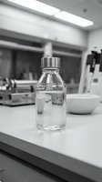Glass laboratory bottle with metal cap on white counter in modern research facility for scientific experiments and chemical analysis.
