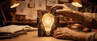 Glowing light bulb surrounded by dark blocks with question marks, hands arranging pieces on a wooden desk in warm light.