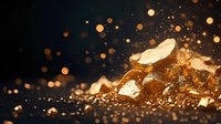Glowing golden crystals with magical bokeh lights and sparkles against dark background create mystical atmosphere for luxury design projects.