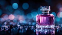 Crystal perfume bottle with pink and purple liquid against dark background with blue bokeh lights creating luxurious atmosphere for beauty and fragrance marketing.