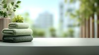 Stack of green folded towels with small potted plant on white surface, blurred urban garden background creates spa-like atmosphere for wellness and relaxation.