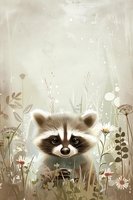 Adorable raccoon peeking through wildflowers and grass in soft muted tones, surrounded by delicate botanical elements and dreamy atmospheric background.