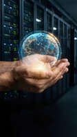 Male hand holding glowing digital globe with network connections in server room environment. Represents global technology, data management, cloud computing, and worldwide digital infrastructure for business solutions.