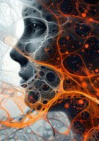 Abstract profile silhouette emerging from cosmic network of orange and white neural-like structures against dark background, representing consciousness or artificial intelligence.