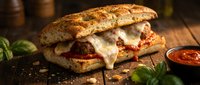 Melted cheese and tomato sauce sandwich on rustic wooden surface with fresh basil garnish and condiment bowl, suitable for food photography and culinary content.