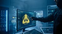 Professional man interacting with futuristic holographic interface displaying glowing triangle symbol in modern tech environment for digital innovation.