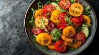 Fresh colorful heirloom tomato salad with arugula leaves and herbs on dark plate, sprinkled with black pepper and olive oil dressing. Food photography.