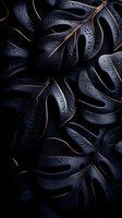 Dark monstera leaves with water drops and copper edges create dramatic natural pattern against black background, highlighting organic luxury design elements.