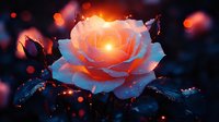 Glowing pink rose with water drops in mystical night garden setting, illuminated by warm light with bokeh effect and magical sparkles against dark background.
