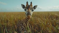 Young giraffe in tall golden savanna grass gazes directly at camera during sunset, natural African wildlife scene with soft warm lighting and dreamy atmosphere.
