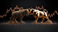 Golden bull and bear figures facing each other with dramatic lighting and particle effects against stock market chart background, symbolizing financial market trends.