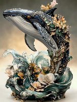 Majestic humpback whale emerging from swirling ocean waves adorned with delicate roses and golden leaves, creating a dramatic marine fantasy composition.