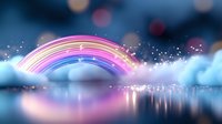 Magical rainbow arc glowing over tranquil water surface with soft clouds and sparkling light particles creating dreamy atmospheric scene with bokeh reflections.