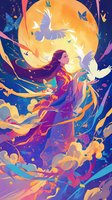 Young woman in flowing purple robes surrounded by white doves and butterflies against a vibrant full moon background, creating a magical fantasy atmosphere.