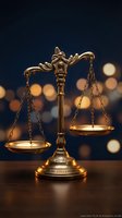 Golden scales of justice on wooden surface with warm bokeh lights background symbolizing law, legal system, and courtroom proceedings.