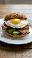Gourmet breakfast burger with fried egg, crispy bacon and avocado on sesame seed bun served on white plate for morning meal and brunch menu concepts.