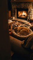 Ginger tabby cat curled up in cozy bed near fireplace with warm flames, books, and wooden chair creating comfortable home interior scene.