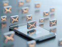 Flying email icons over smartphone screen in modern minimalist composition with soft focus and metallic copper accents on gray background.