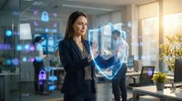 Professional businesswoman interacting with holographic cybersecurity shield interface in modern office environment with digital security icons overlay.