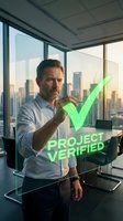 Confident middle-aged Caucasian businessman pointing at green checkmark with project verified text in modern office with city skyline view at sunset.