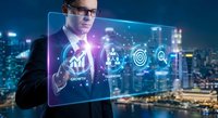 Professional businessman in suit touching holographic interface with growth analytics icons against city skyline at night for business technology concepts.