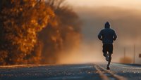 Male runner jogging on autumn road at sunrise with golden foliage and warm morning light creating atmospheric fitness scene for wellness and exercise content.