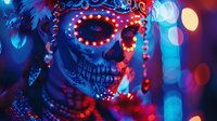 Illuminated sugar skull mask with red LED lights and decorative elements against blurred blue and red bokeh background, capturing festive Day of Dead celebration spirit.