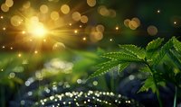 Magical forest scene with fresh green fern leaves against blurred bokeh background and glowing sunburst, creating mystical natural atmosphere.
